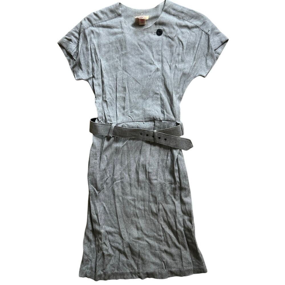 Vintage Katie MFG Dress Womens Small Belt Pleats Union Made USA 9-10 Gray